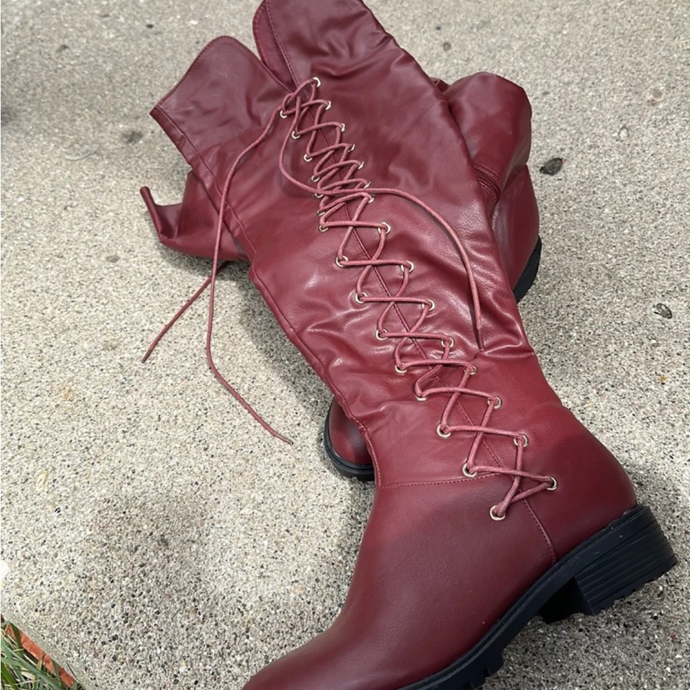 Burgundy lace thigh boots